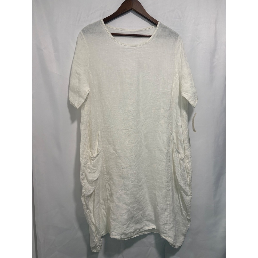 100% Linen White Oversized Midi Dress One Size Lagenlook Pocket Tunic